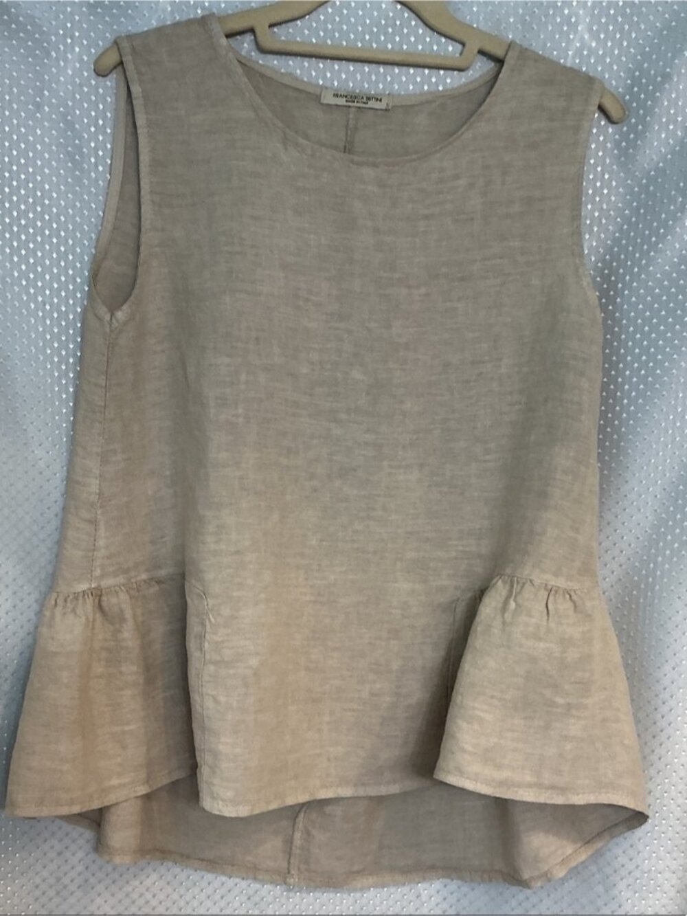 Neutral Beige Linen Ruffle-Hem Tank Top